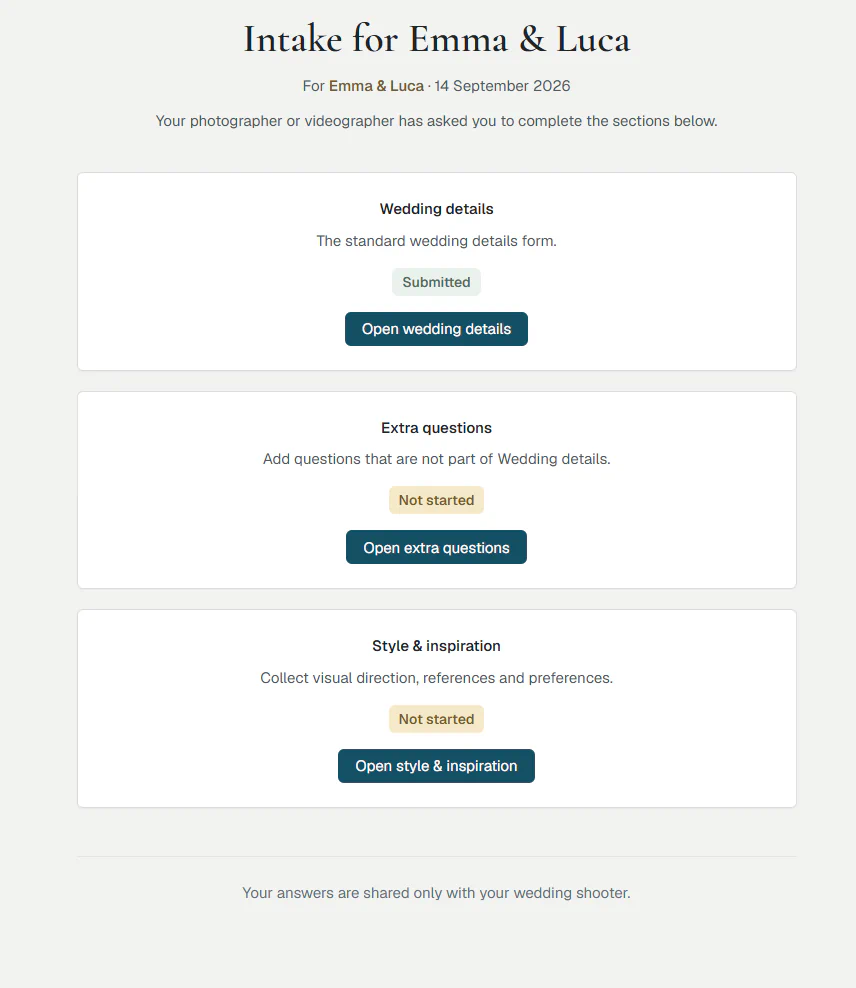 The client-facing Wedding Desk Intake overview for a couple.