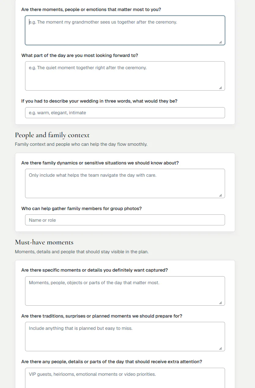 Wedding Desk Intake questions for family context and must-have moments.