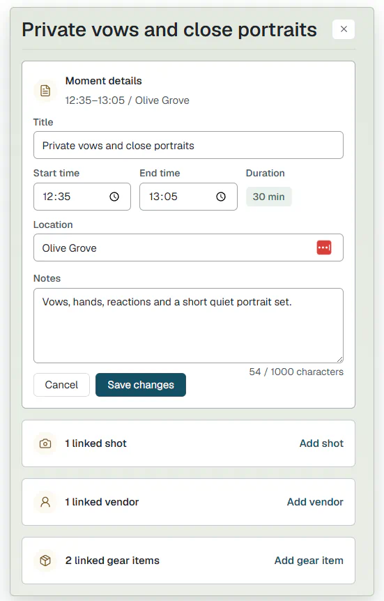 Private vows and close portraits moment showing editable time, location and notes.