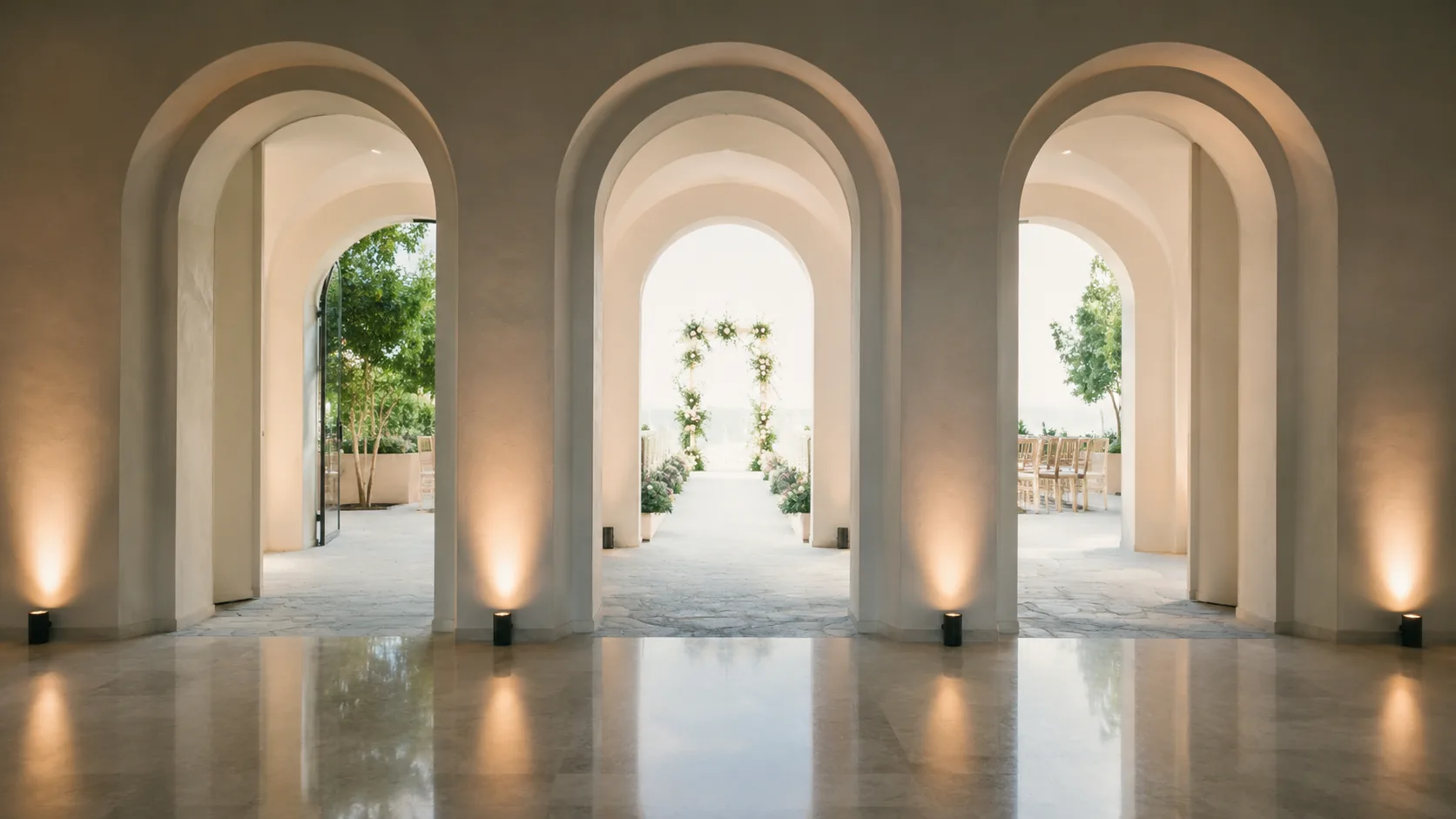 Three illuminated archways showing different wedding planning options at a bright wedding venue.